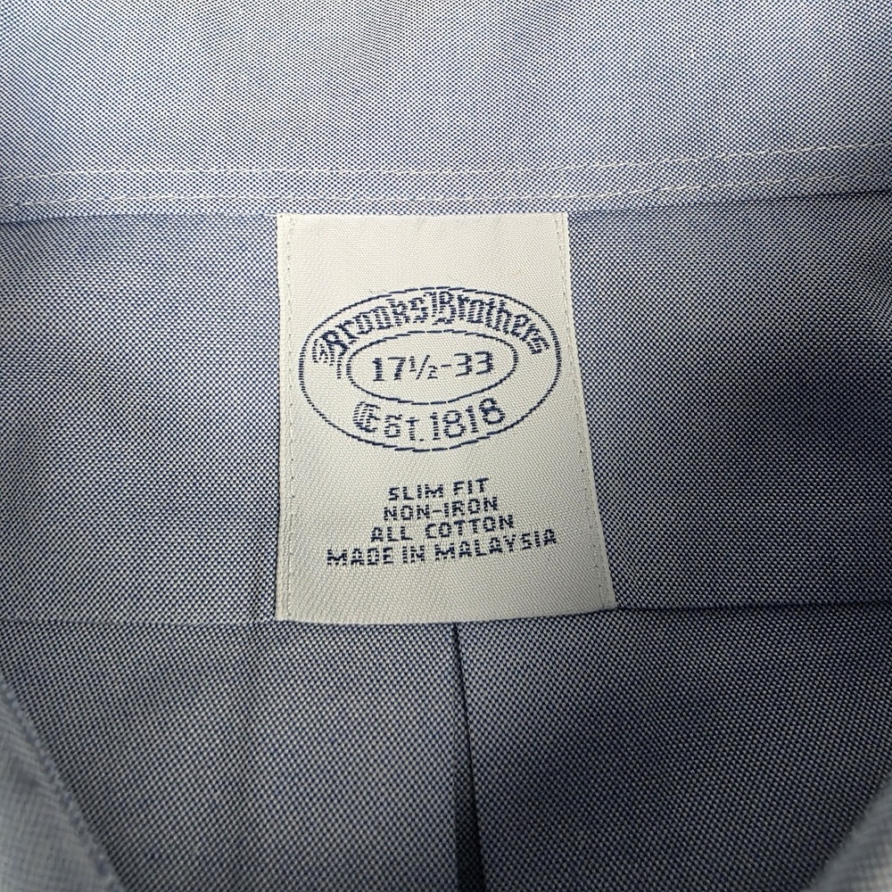 Brooks Brothers 1818 Mens Dress Shirt 17-33 Blue Slim Fit Non-Iron All Cotton - Picture 6 of 10